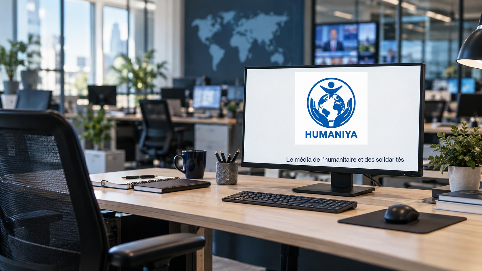 Rédaction contemporaine avec le logo officiel HUMANIYA affiché sur un écran.
